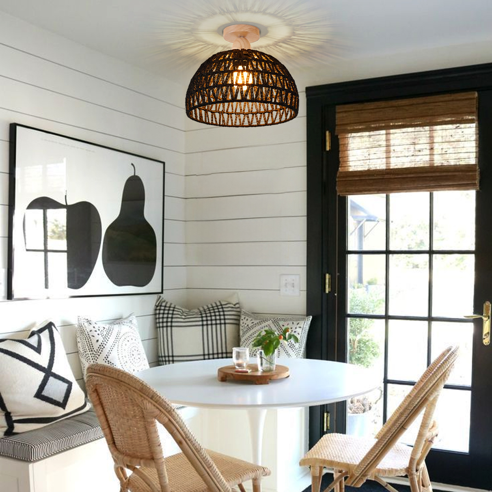 Black Paper Rope Dome Ceiling Light Hand Woven Semi Flush Mount Basket Lamp