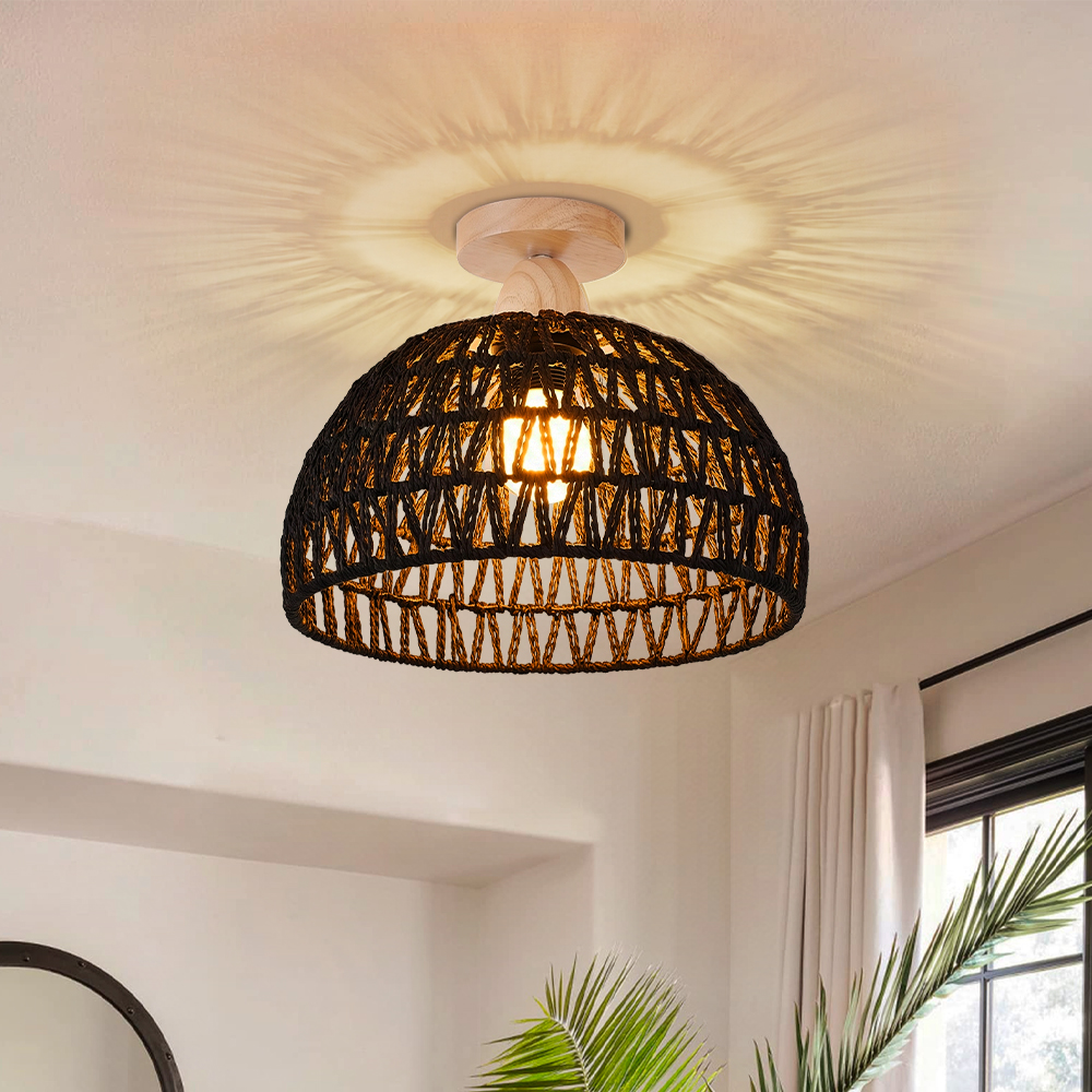 Black Paper Rope Dome Ceiling Light Hand Woven Semi Flush Mount Basket Lamp