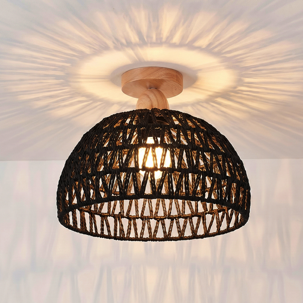 Black Paper Rope Dome Ceiling Light Hand Woven Semi Flush Mount Basket Lamp