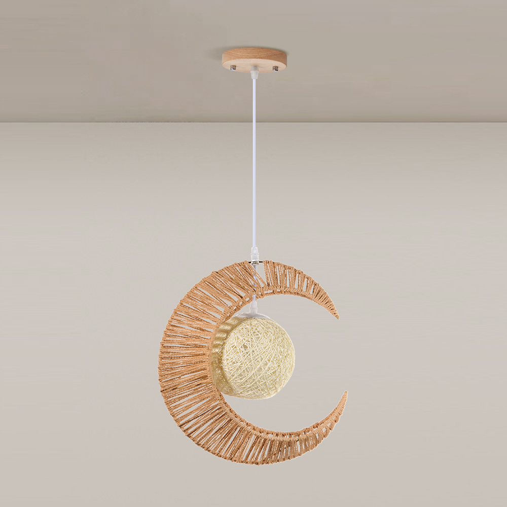 Nursery Crescent Moon Paper Rope Pendant Light Woven Globe Hanging Lamp for Kids Room