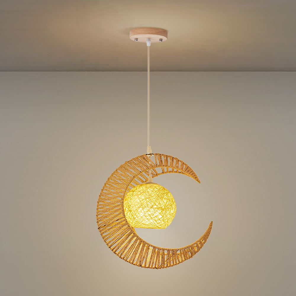 Nursery Crescent Moon Paper Rope Pendant Light Woven Globe Hanging Lamp for Kids Room