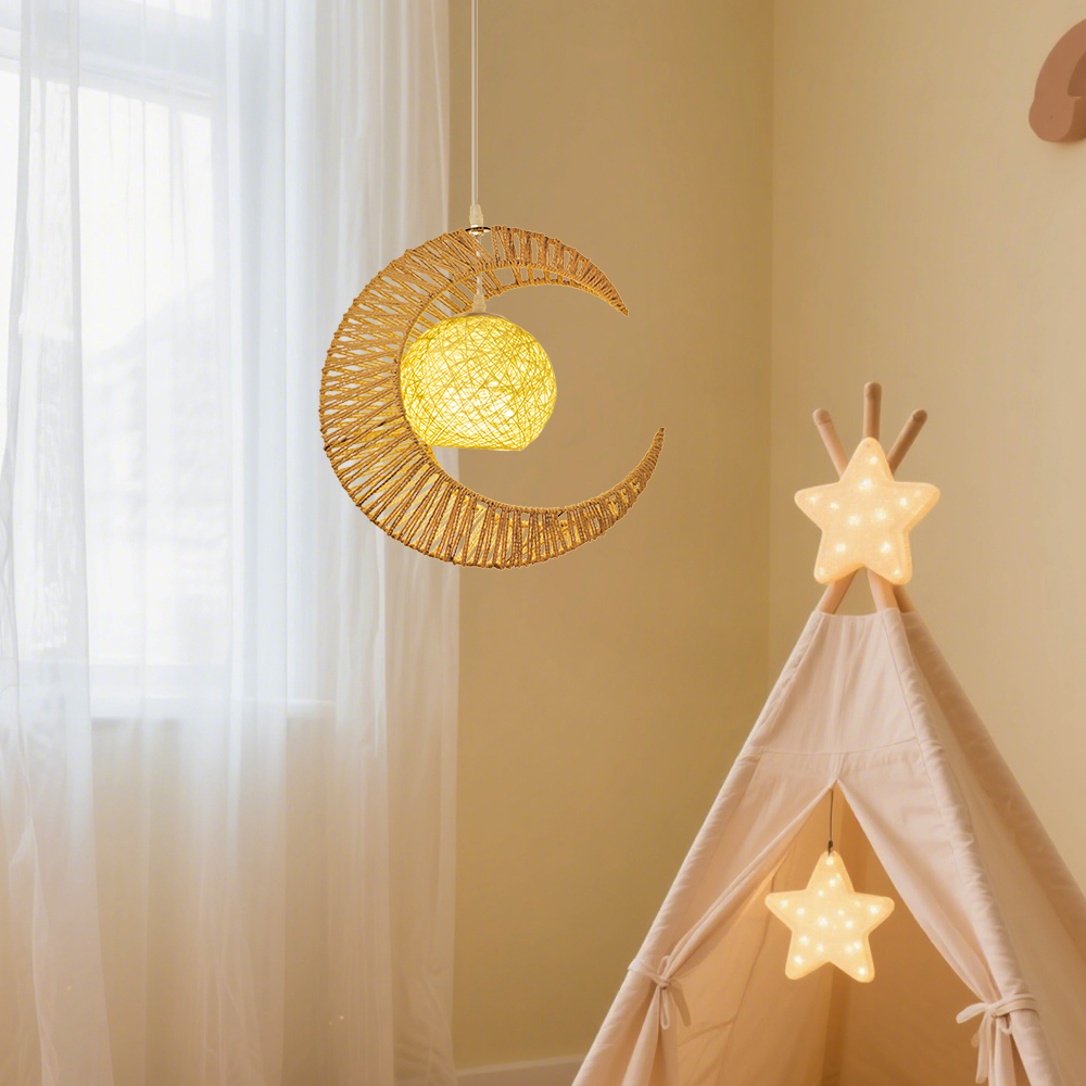 Nursery Crescent Moon Paper Rope Pendant Light Woven Globe Hanging Lamp for Kids Room