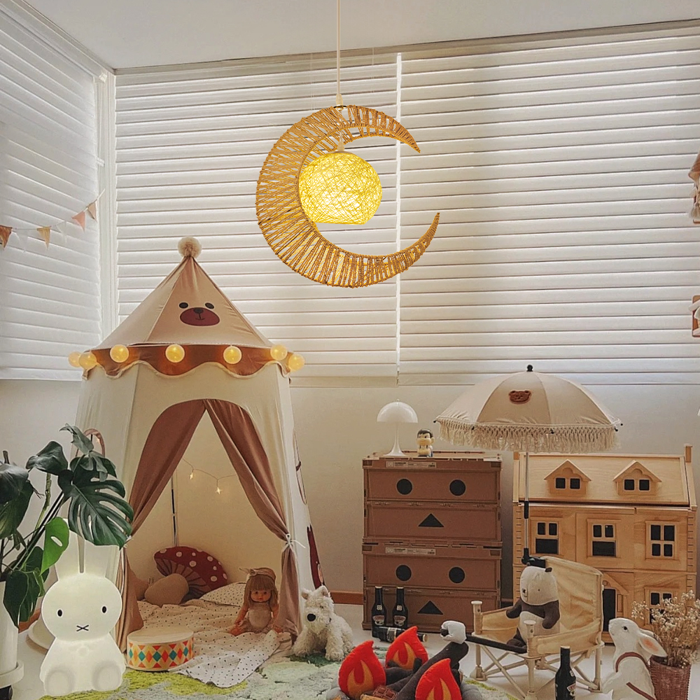 Nursery Crescent Moon Paper Rope Pendant Light Woven Globe Hanging Lamp for Kids Room