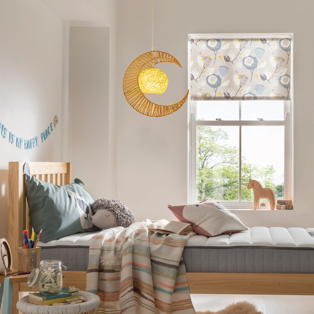Nursery Crescent Moon Paper Rope Pendant Light Woven Globe Hanging Lamp for Kids Room
