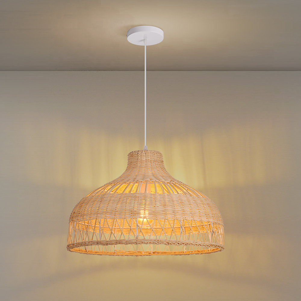 Handwoven Natural Color Rattan Bell Pendant Light Wide Dome Wicker Hanging Lamp