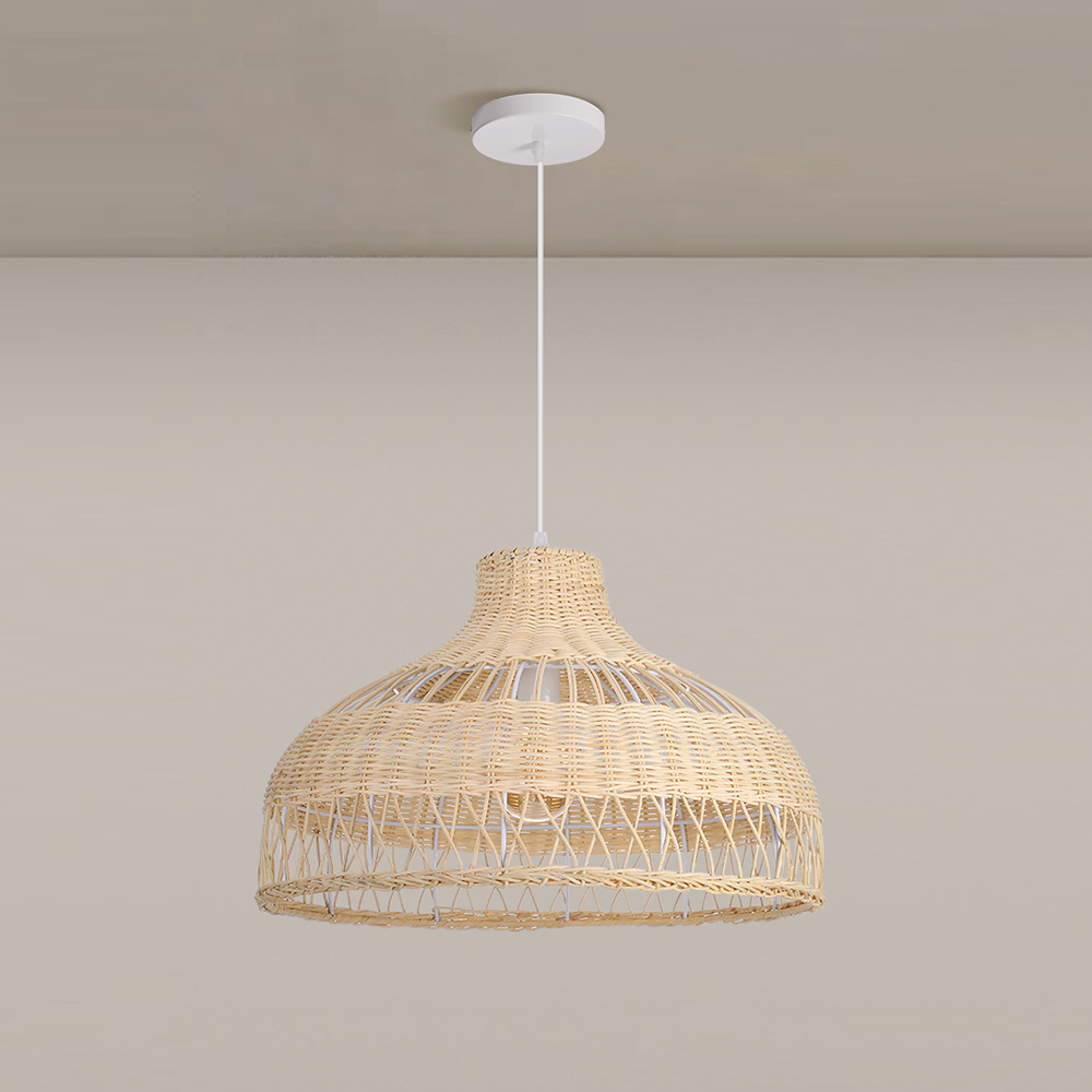 Handwoven Natural Color Rattan Bell Pendant Light Wide Dome Wicker Hanging Lamp