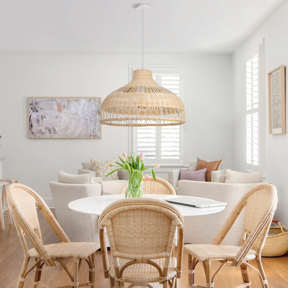 Handwoven Natural Color Rattan Bell Pendant Light Wide Dome Wicker Hanging Lamp