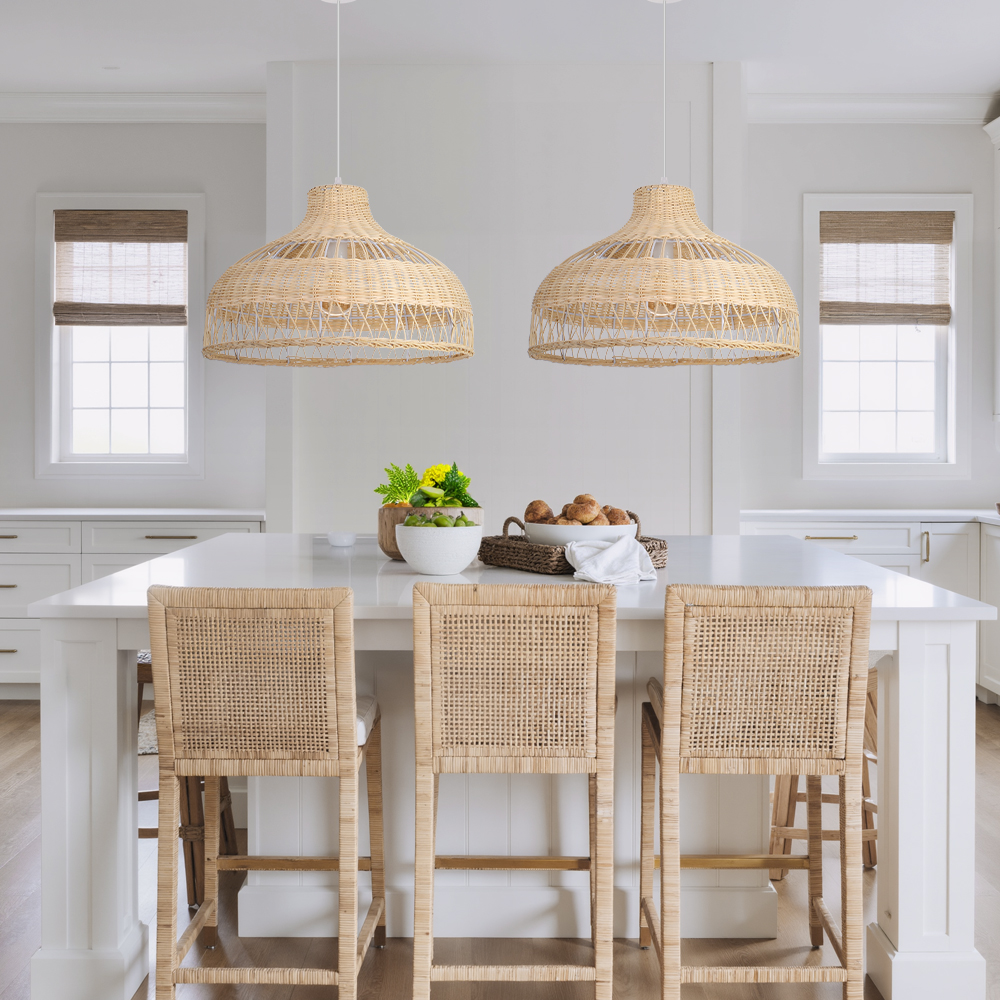 Handwoven Natural Color Rattan Bell Pendant Light Wide Dome Wicker Hanging Lamp