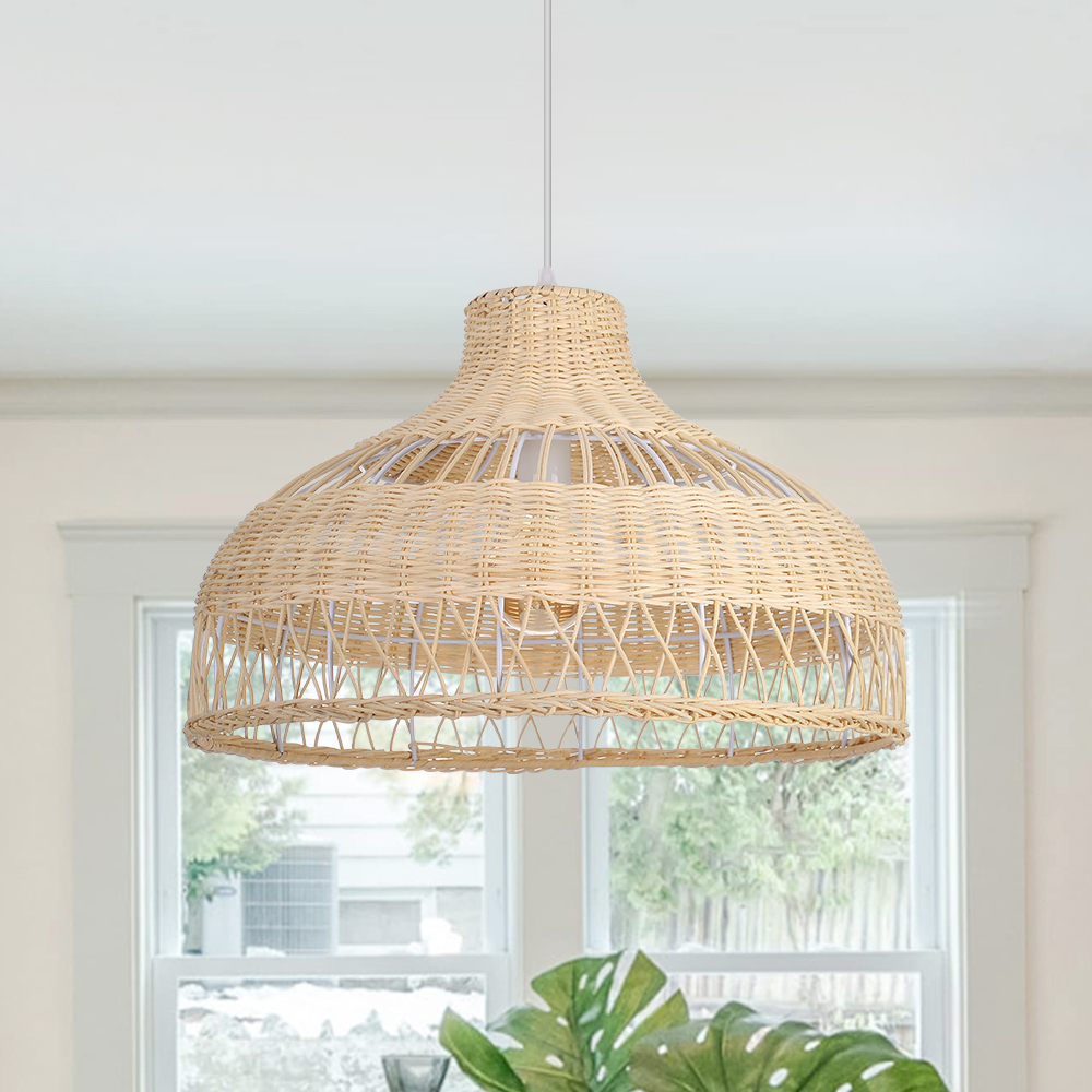 Handwoven Natural Color Rattan Bell Pendant Light Wide Dome Wicker Hanging Lamp