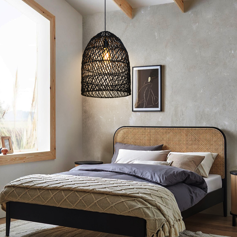 Intricate Black Rattan Lattice Light Artistic Hanging Shade for Dining Room