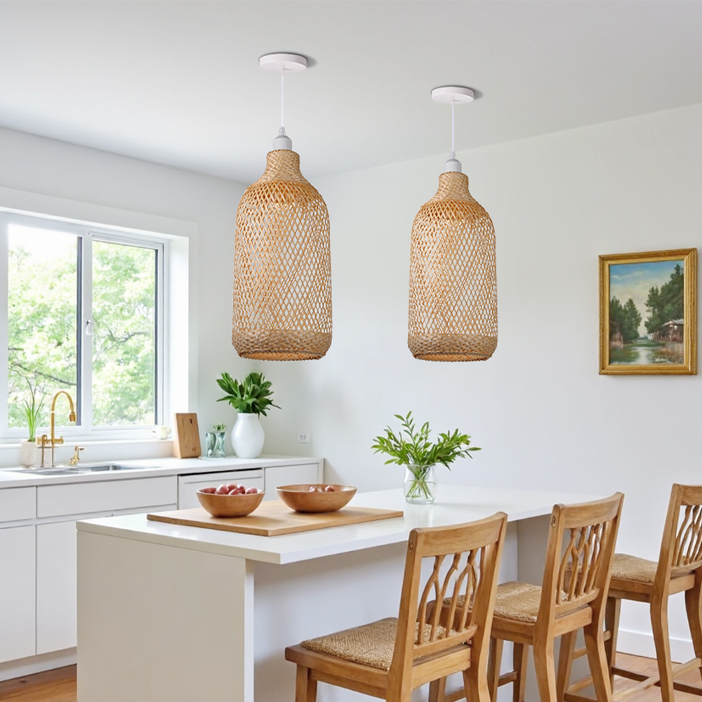 Round Tall Basket Bamboo Pendant Light Suspension Lighting Fixture