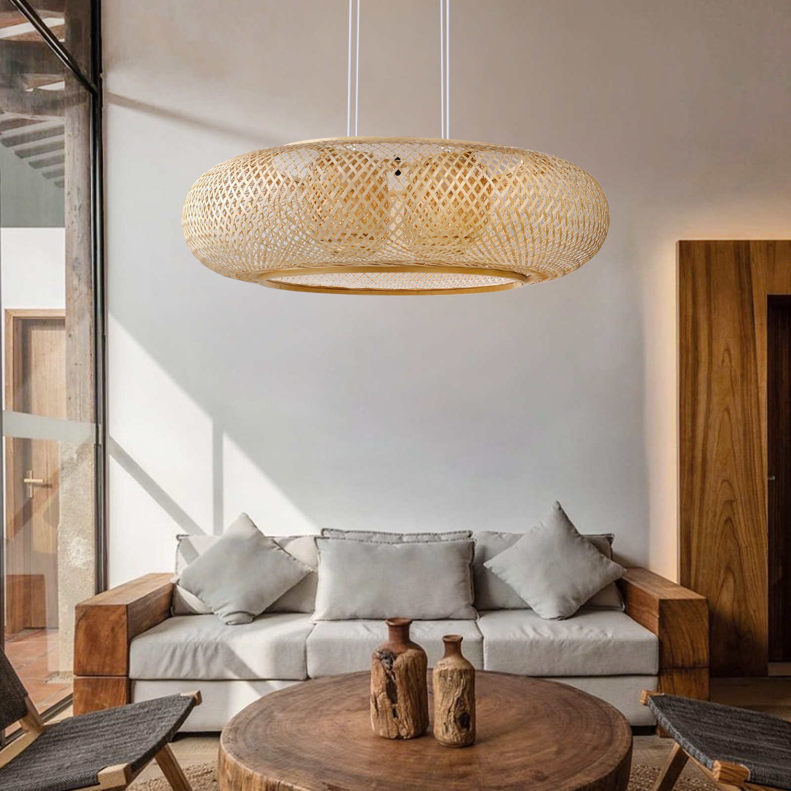 4-Bulb Woven Bamboo Pendant Lamp for Living Room