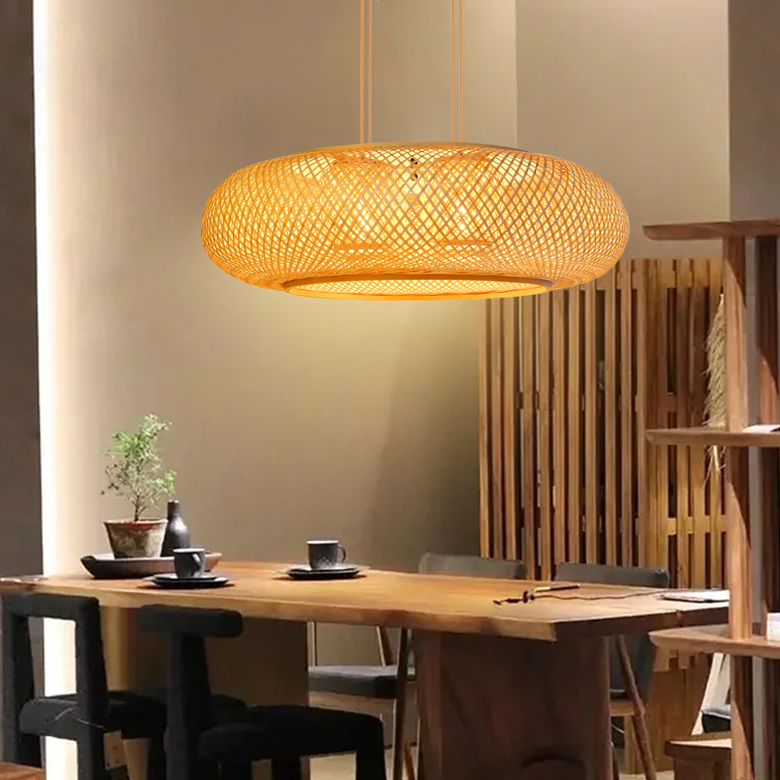 4-Bulb Woven Bamboo Pendant Lamp for Living Room