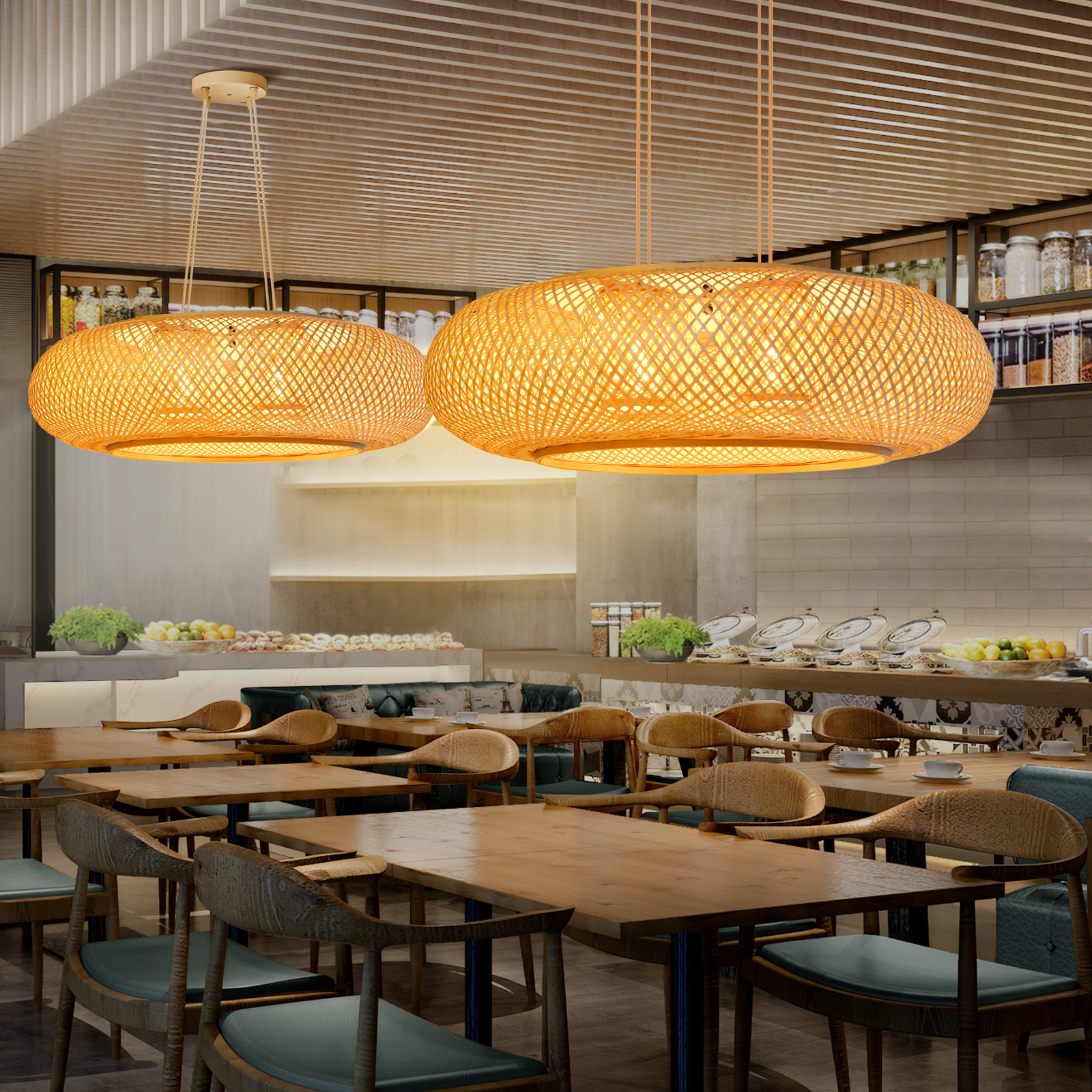 4-Bulb Woven Bamboo Pendant Lamp for Living Room