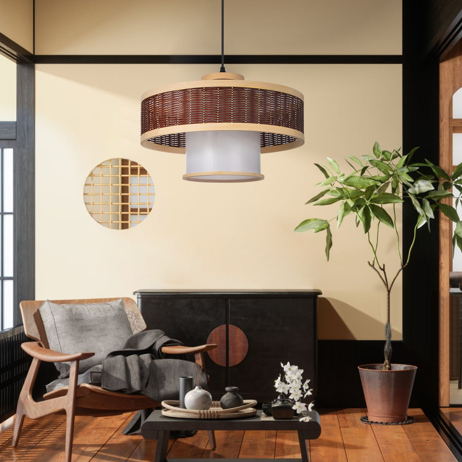 Wabi-Sabi Contemporary Rattan Pendant Light Rustic Bamboo Chandeliers for Living Room