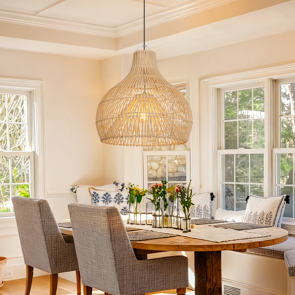 Wicker Chandelier Boho Pendant Light Basket Light Fixture for Kitchen Island Dining Room