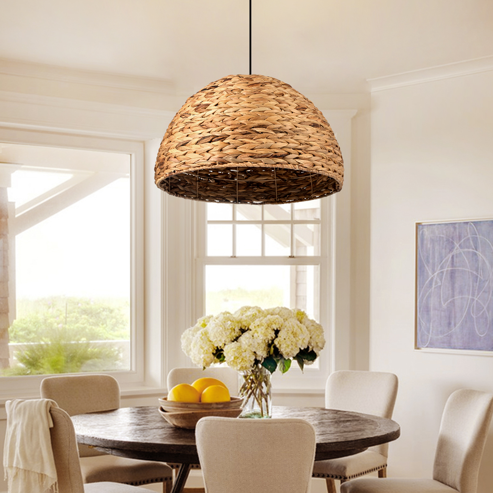Zen Retro Semicircle Straw Rattan Basket Pendant Light Dining Room Hanging Lampshade
