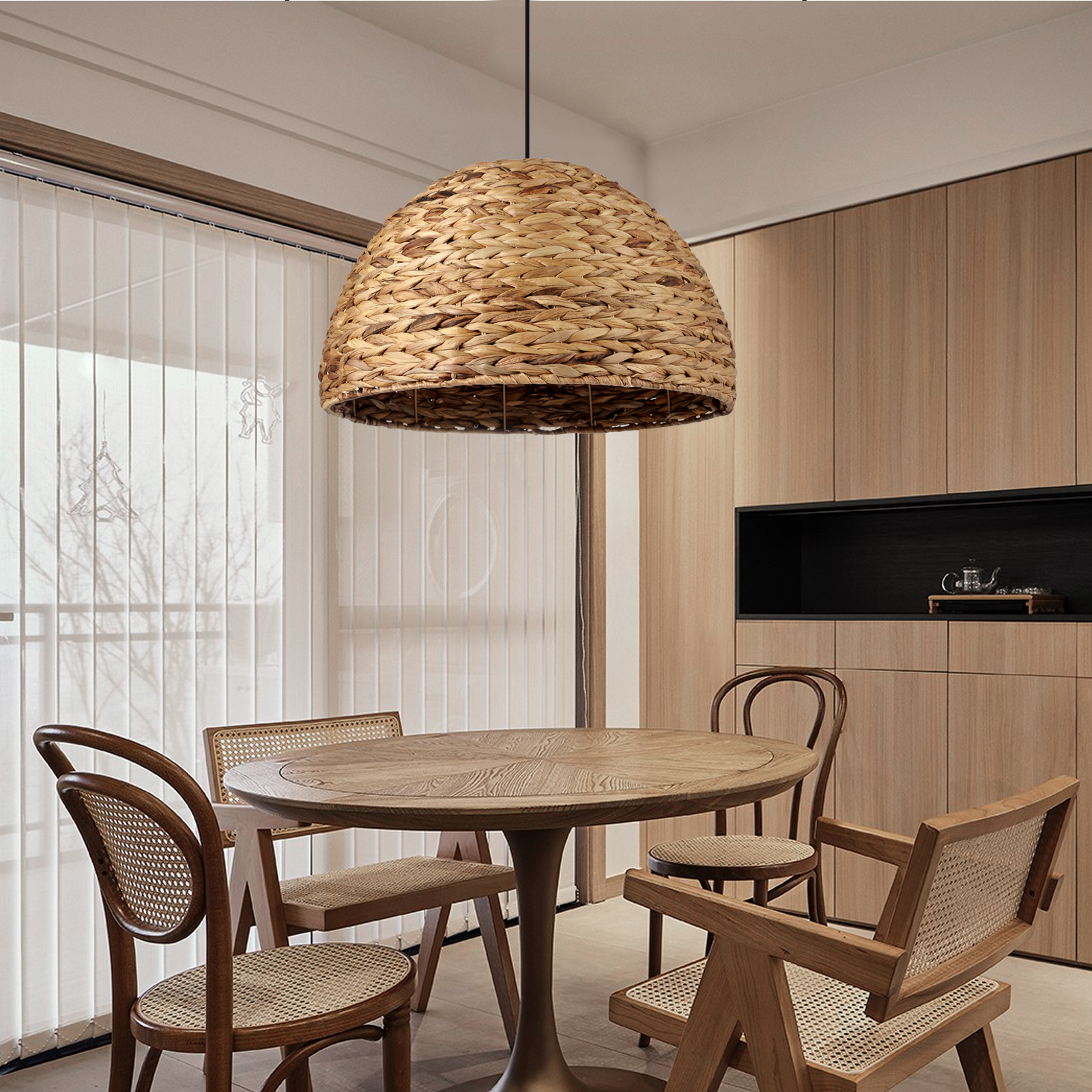 Zen Retro Semicircle Straw Rattan Basket Pendant Light Dining Room Hanging Lampshade