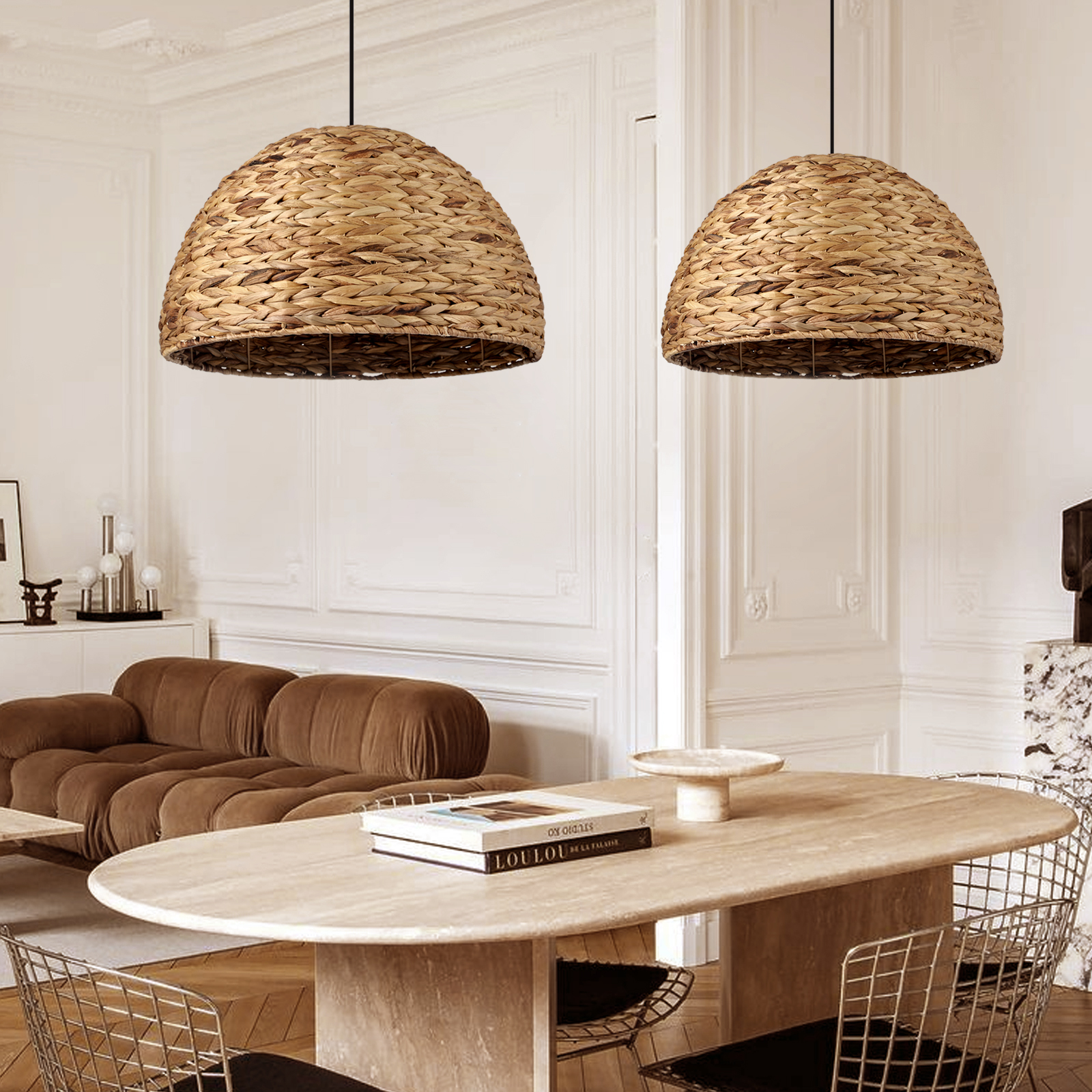 Zen Retro Semicircle Straw Rattan Basket Pendant Light Dining Room Hanging Lampshade
