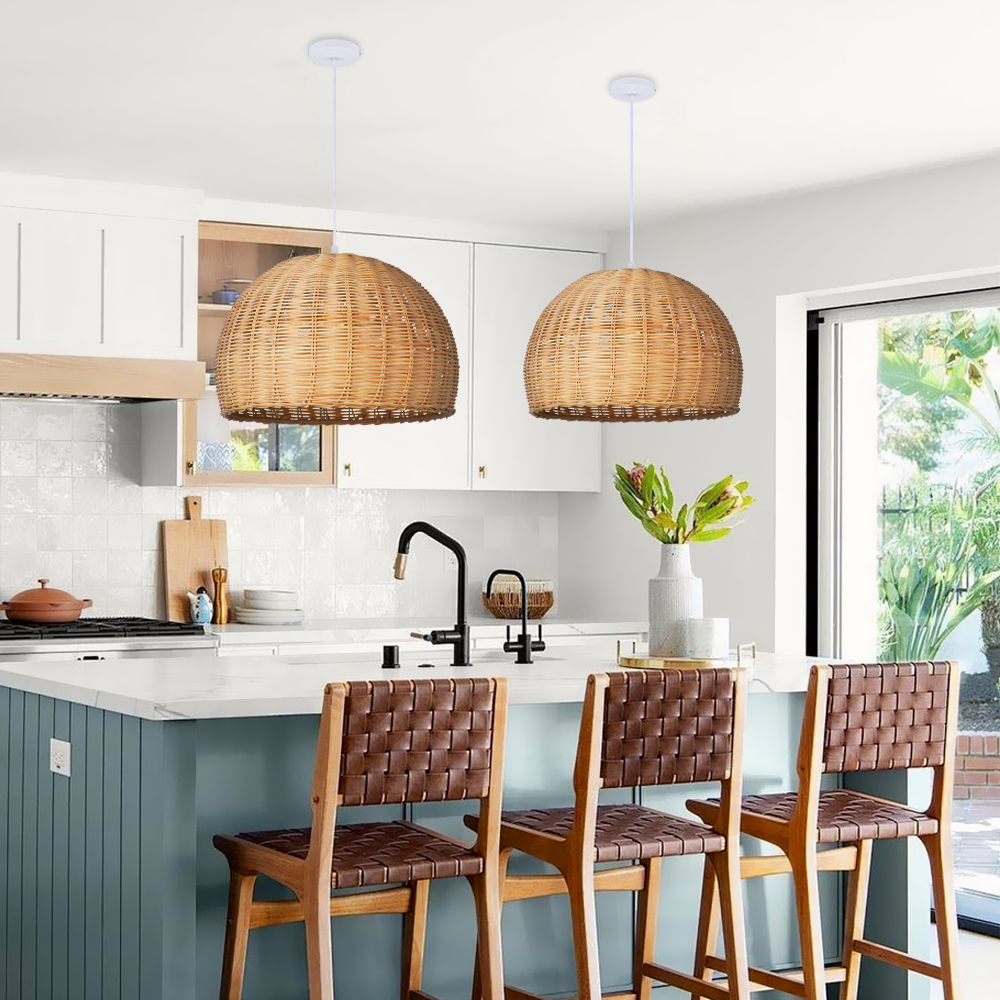 Scandinavian Rattan Pendant Light Rustic Handwoven Chandelier Over Dining Table