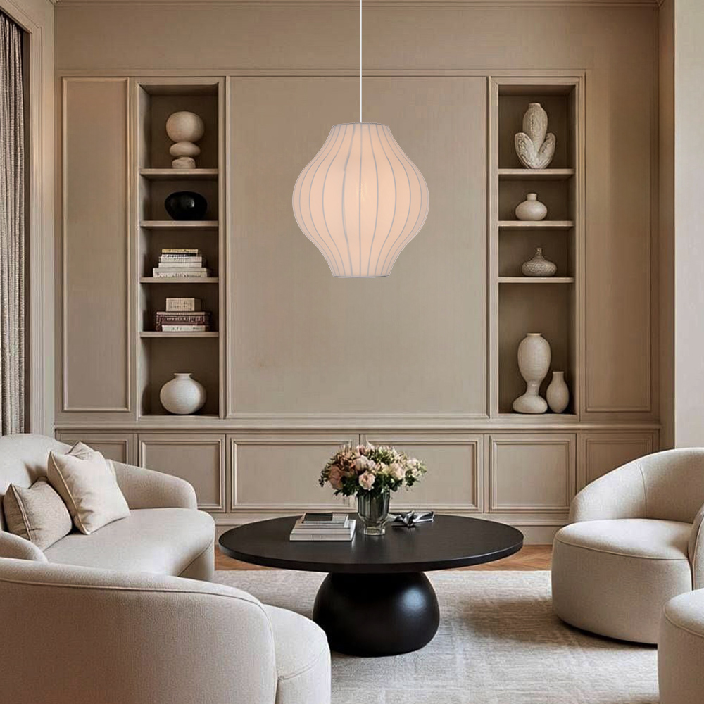 Nordic Style White Fabric Pendant Light Simple E26 Bulb Lamp Design for Living Room