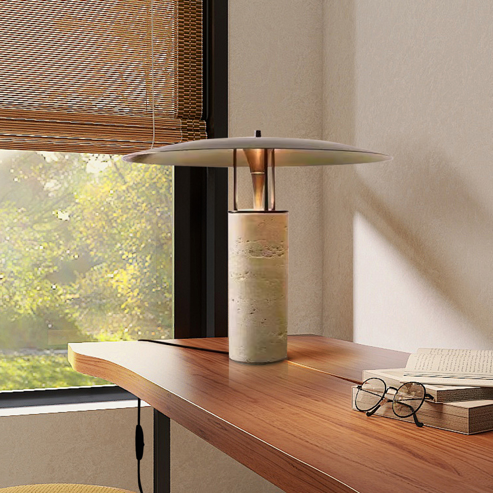 Black Metal Table Lamp Travertine Body Desk Light for Living Room Bedroom