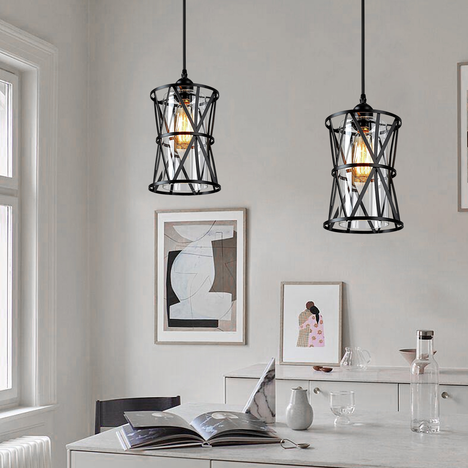 Minimalist Glass Ceiling Light Black Metal Pendant Light for Dining Room