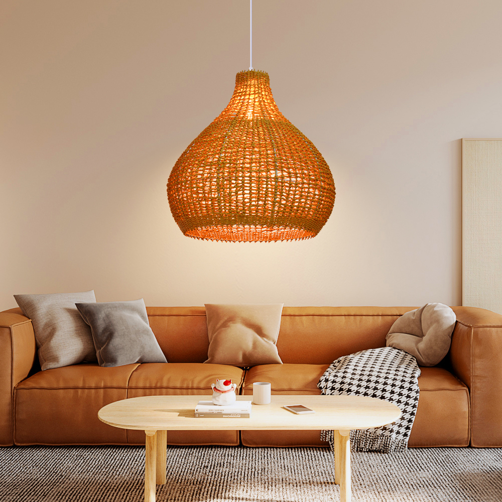 Natural Wicker Hanging Lamp Boho Rope Light Fixture for Dining Room Kitchen Island