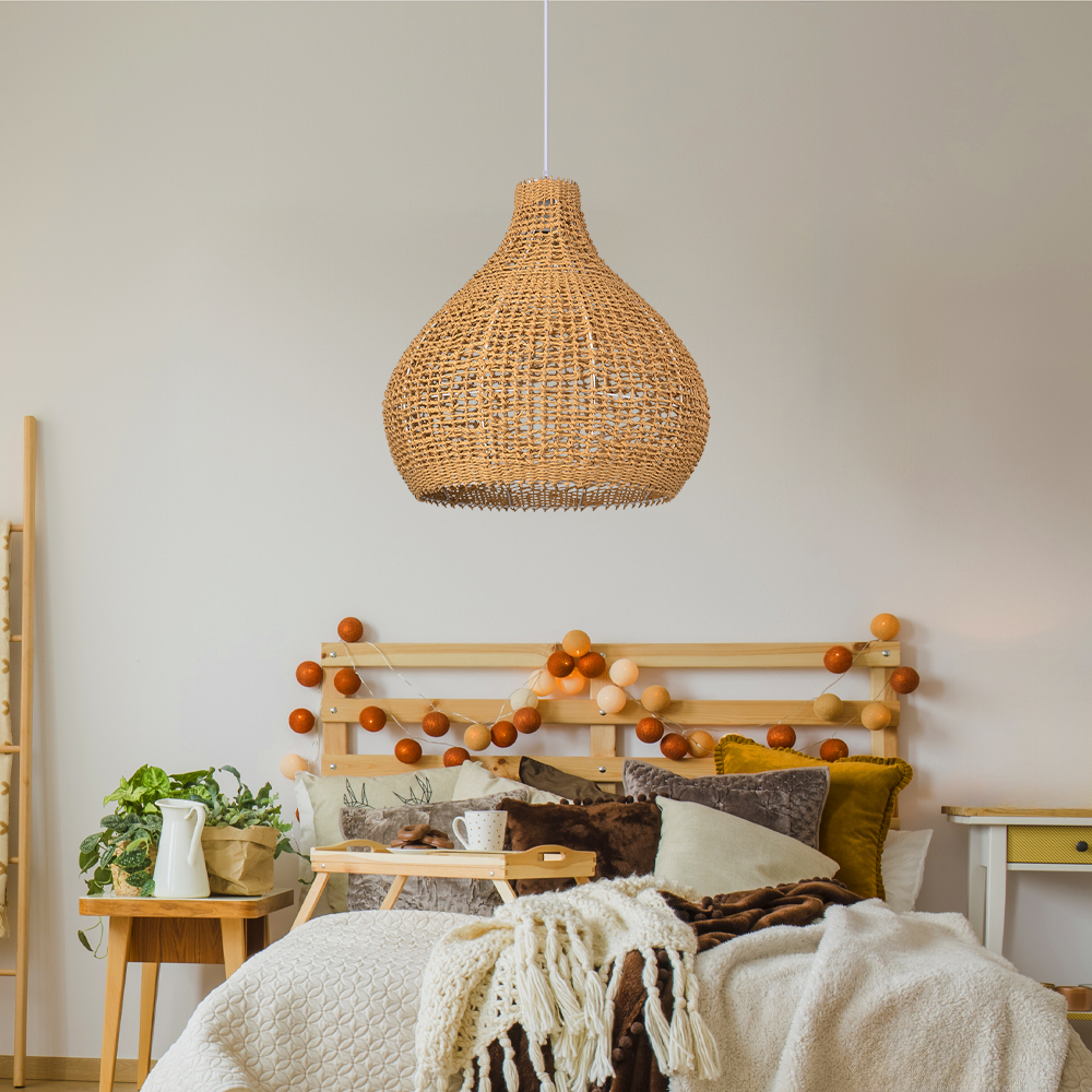Natural Wicker Hanging Lamp Boho Rope Light Fixture for Dining Room Kitchen Island