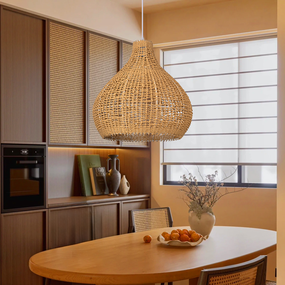 Natural Wicker Hanging Lamp Boho Rope Light Fixture for Dining Room Kitchen Island
