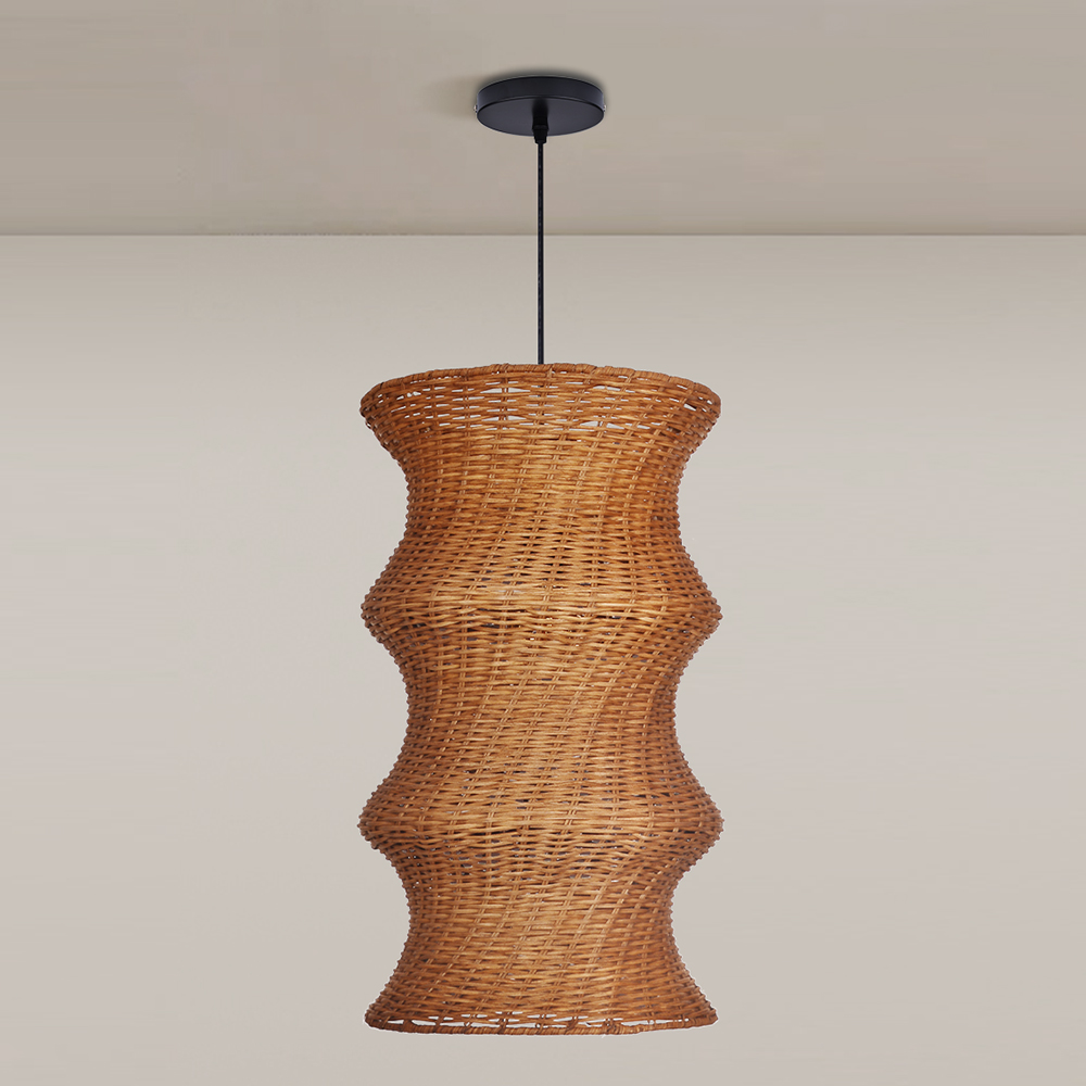 Natural Woven Rattan Wave Pendant Light Curved Wabi-sabi Hanging Lamp