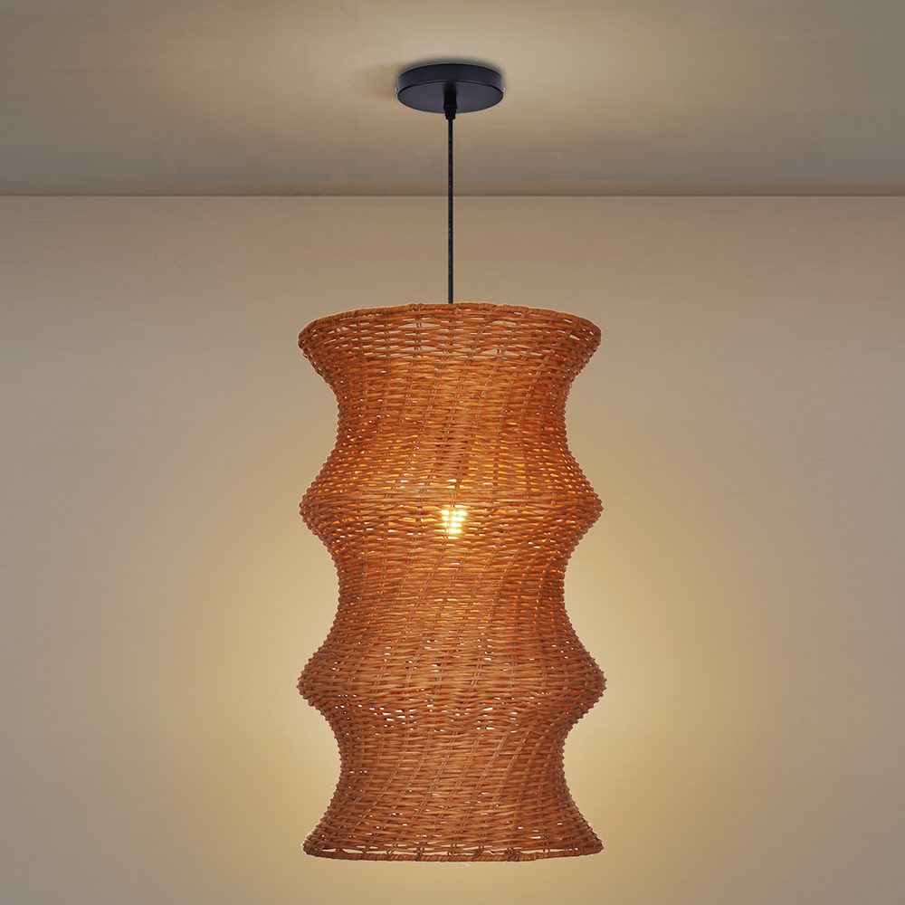 Natural Woven Rattan Wave Pendant Light Curved Wabi-sabi Hanging Lamp