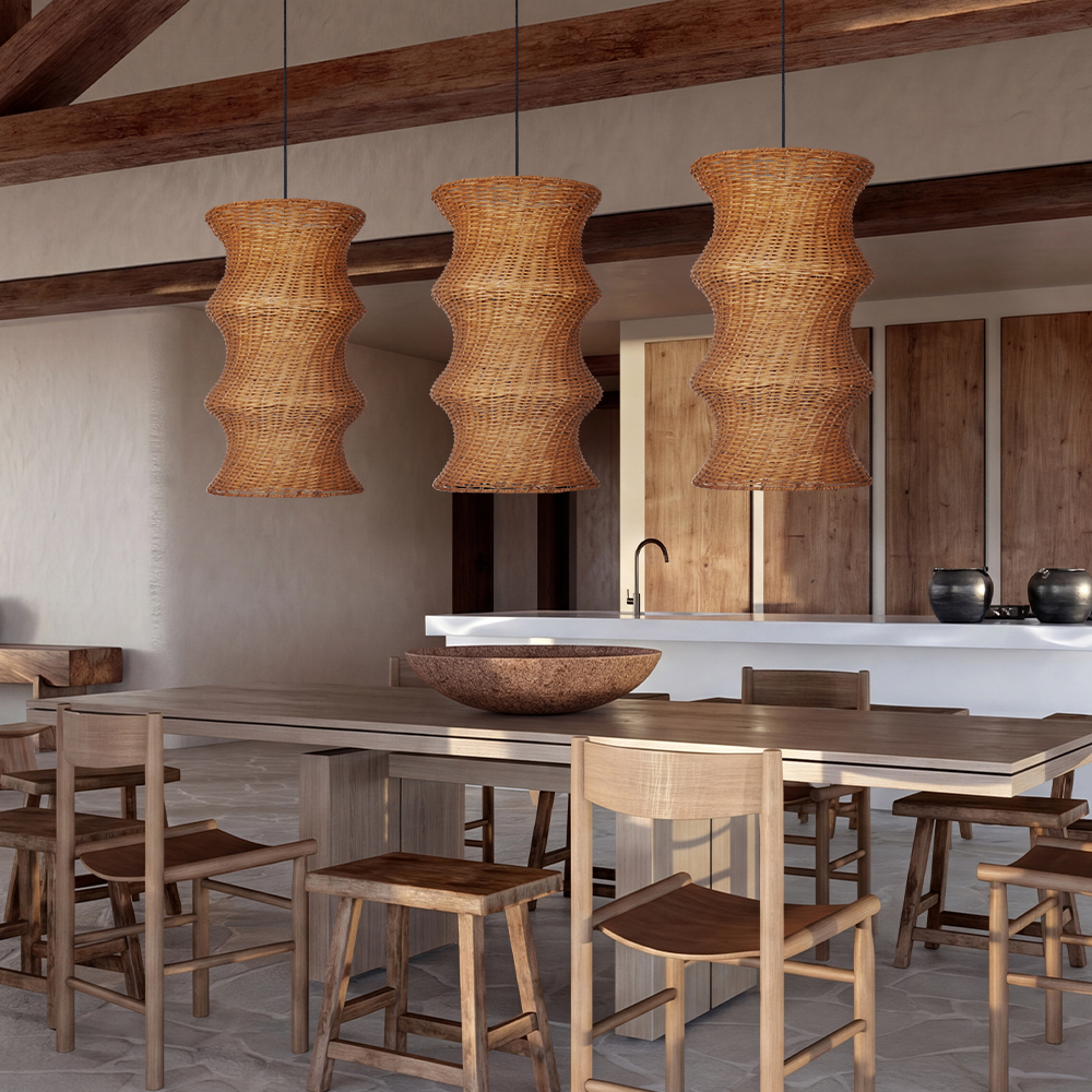 Natural Woven Rattan Wave Pendant Light Curved Wabi-sabi Hanging Lamp