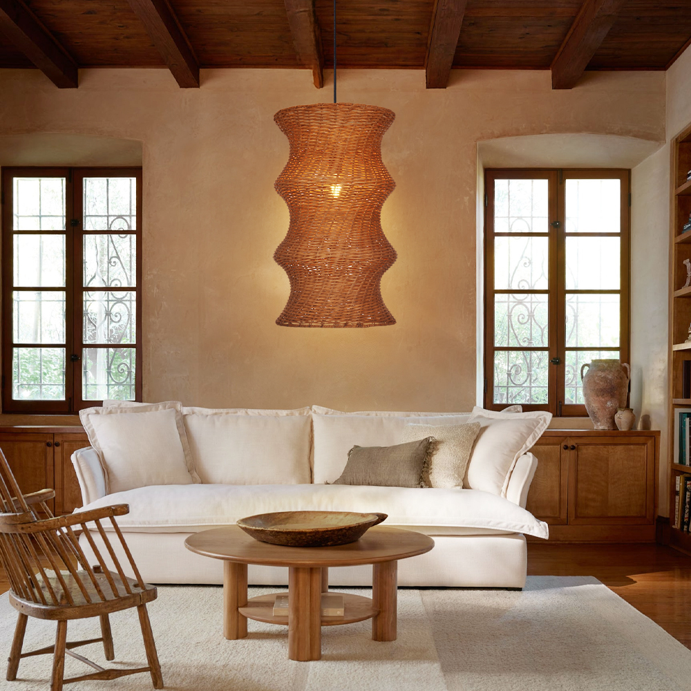 Natural Woven Rattan Wave Pendant Light Curved Wabi-sabi Hanging Lamp
