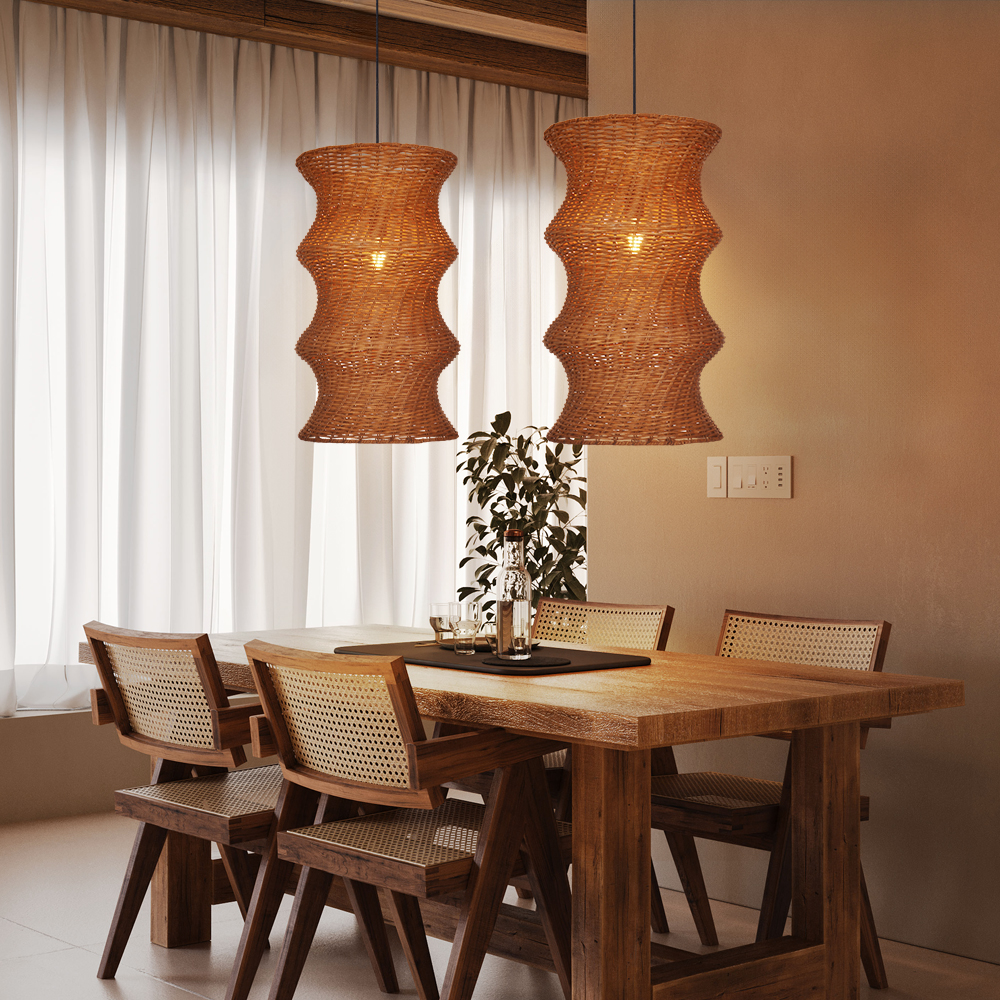 Natural Woven Rattan Wave Pendant Light Curved Wabi-sabi Hanging Lamp