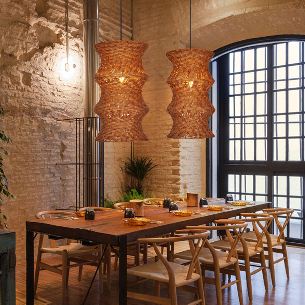 Natural Woven Rattan Wave Pendant Light Curved Wabi-sabi Hanging Lamp