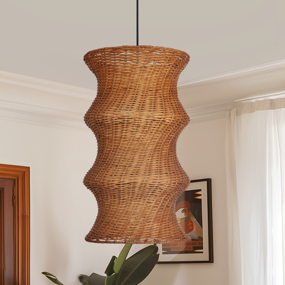 Natural Woven Rattan Wave Pendant Light Curved Wabi-sabi Hanging Lamp