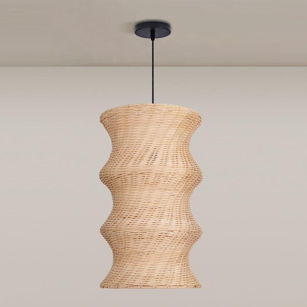 Natural Woven Rattan Wave Pendant Light Curved Wabi-sabi Hanging Lamp