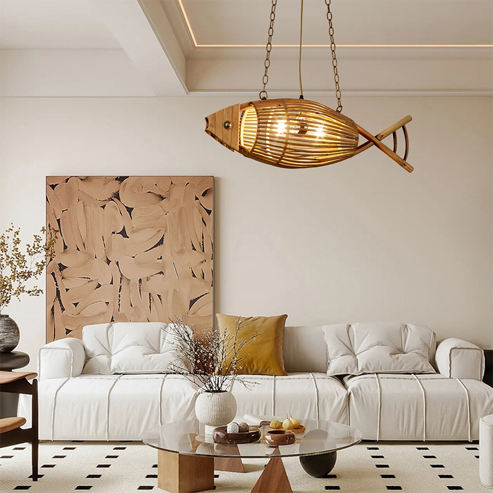 Handcrafted Rattan Fish Pendant Light Coastal Dining Room Living Room Hanging Chandelier
