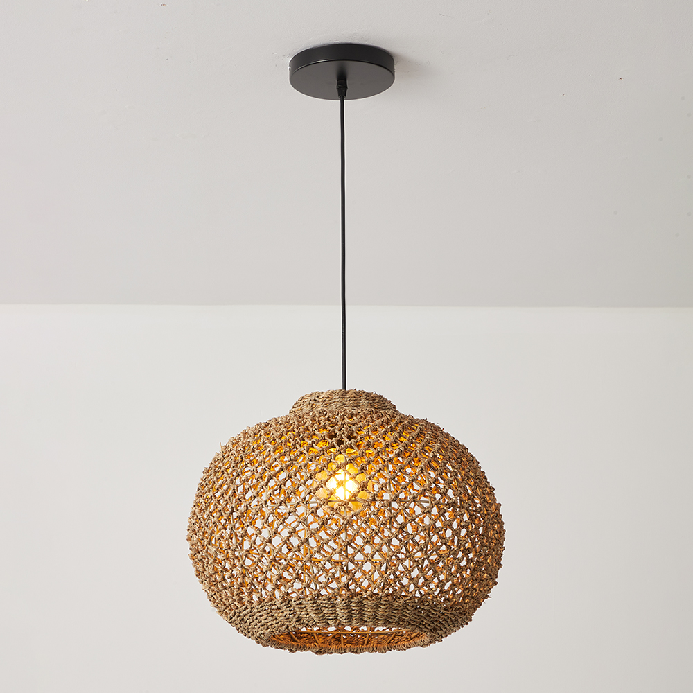 Wabi Sabi Style Seagrass Pendant Light Natural Woven Wicker Ceiling Lamp for Dining & Living Room