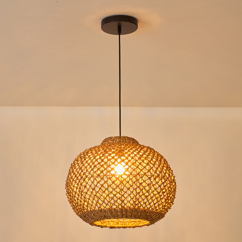 Wabi Sabi Style Seagrass Pendant Light Natural Woven Wicker Ceiling Lamp for Dining & Living Room