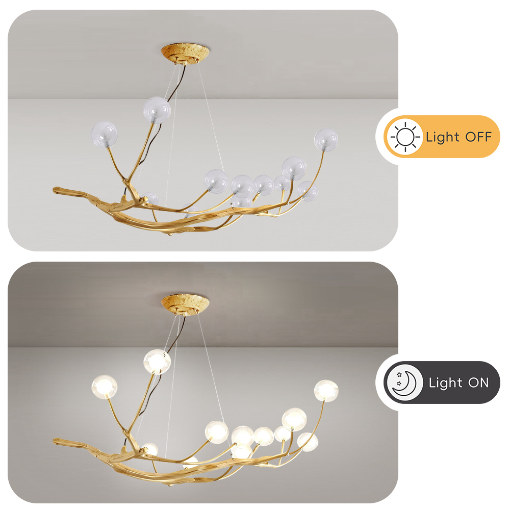 Tree Branch Wooden Chandelier Glass Bubble Pendant Lights for Living Room