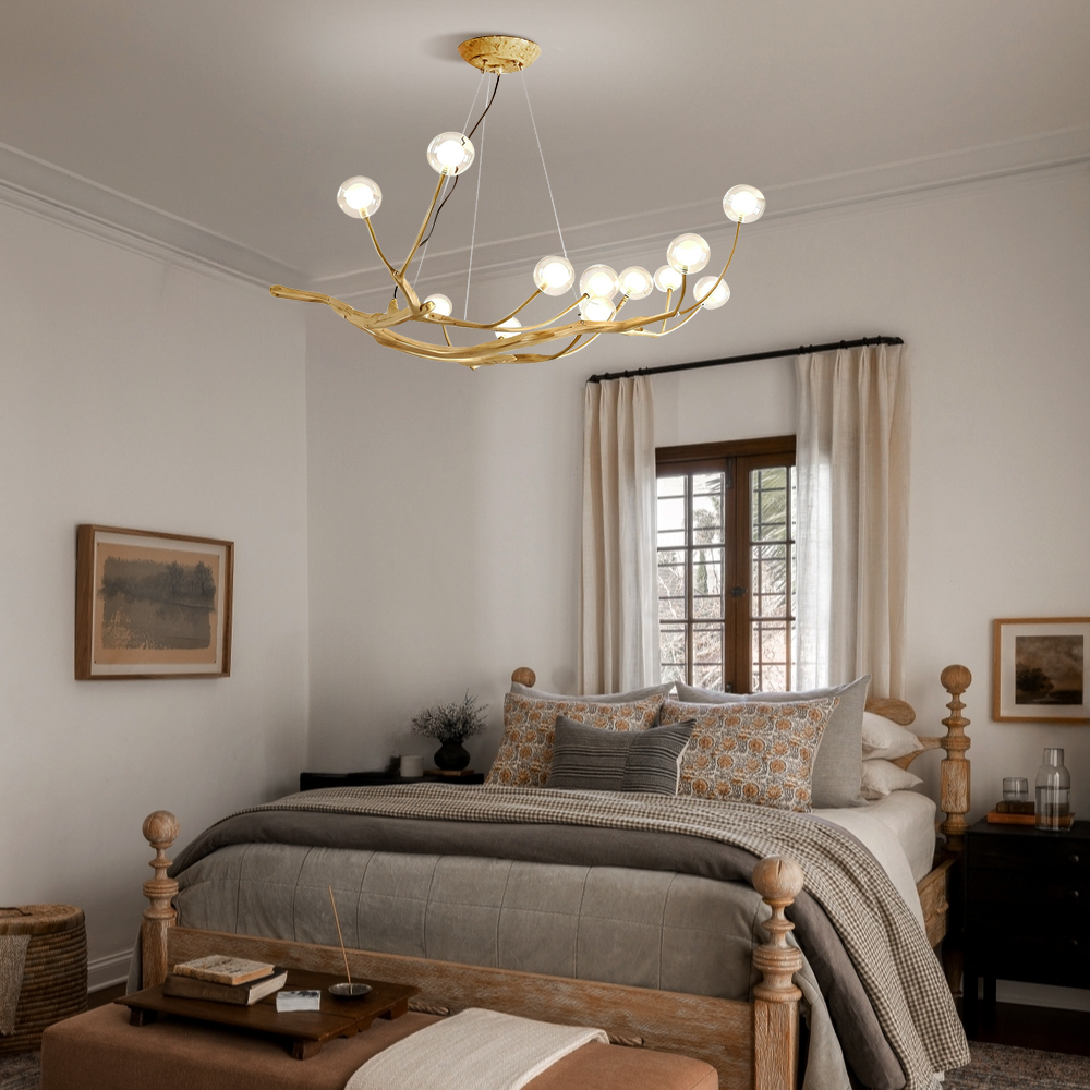 Tree Branch Wooden Chandelier Glass Bubble Pendant Lights for Living Room