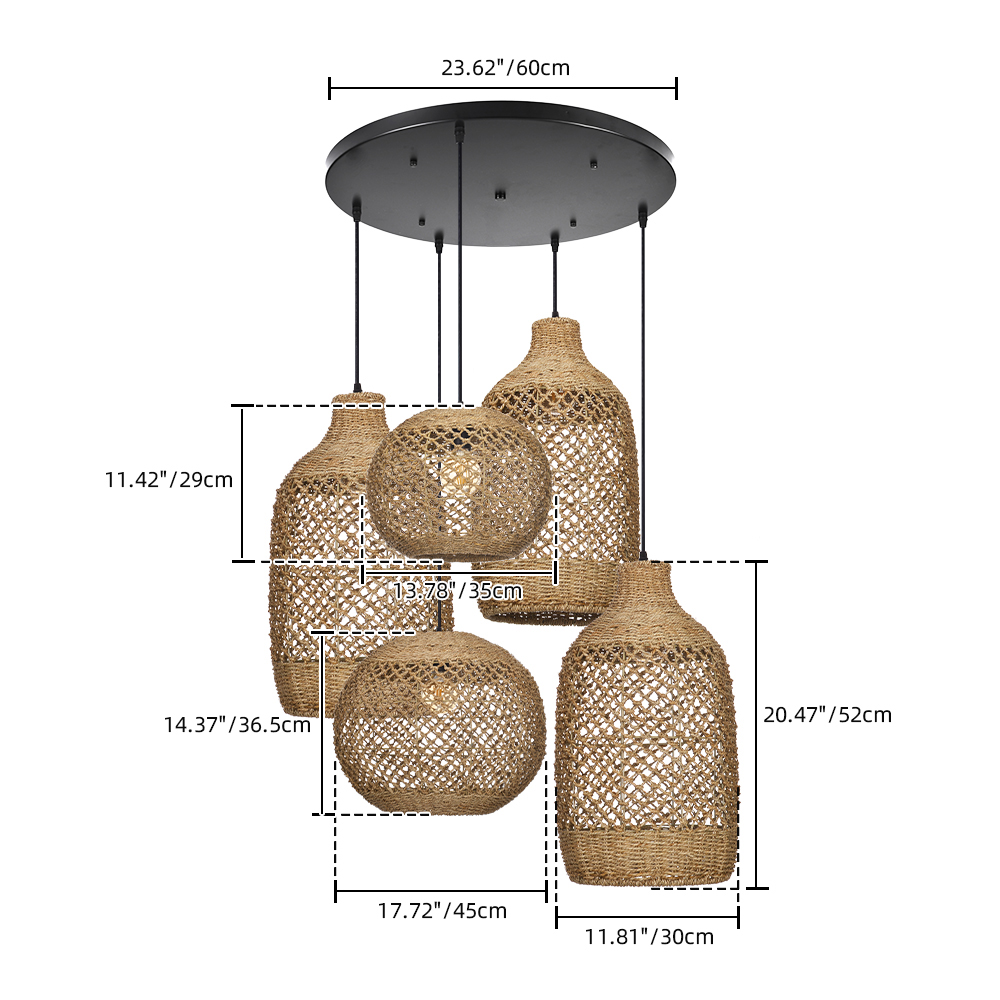 Rustic Seagrass Pendant Light Set with 5 lights Wabi-sabi Pendant Lamp for Farmhouse