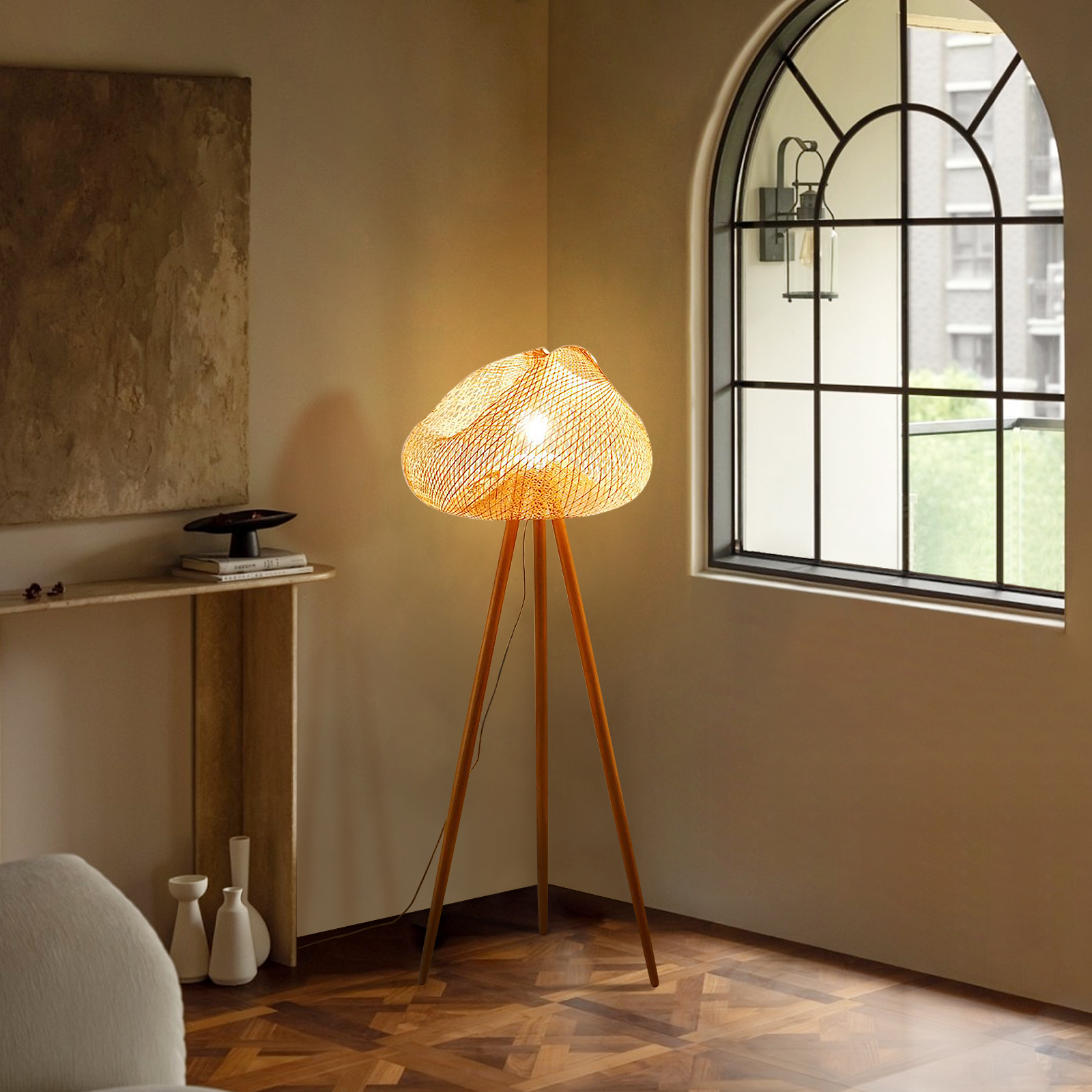 Japanese Floor Lamp Tatami Chinese Style HandWoven Bamboo Lamps