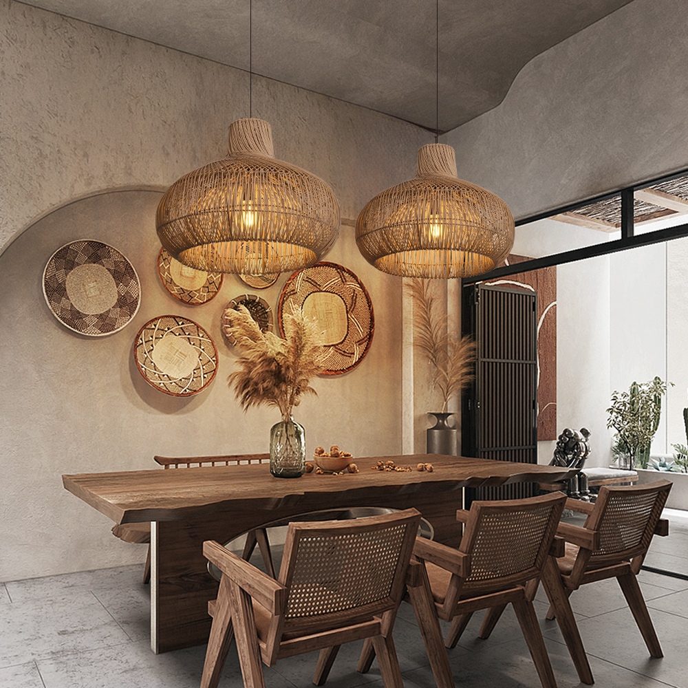 Retro Double-layer Dark Color Rattan Chandelier for Living Room Dining Room