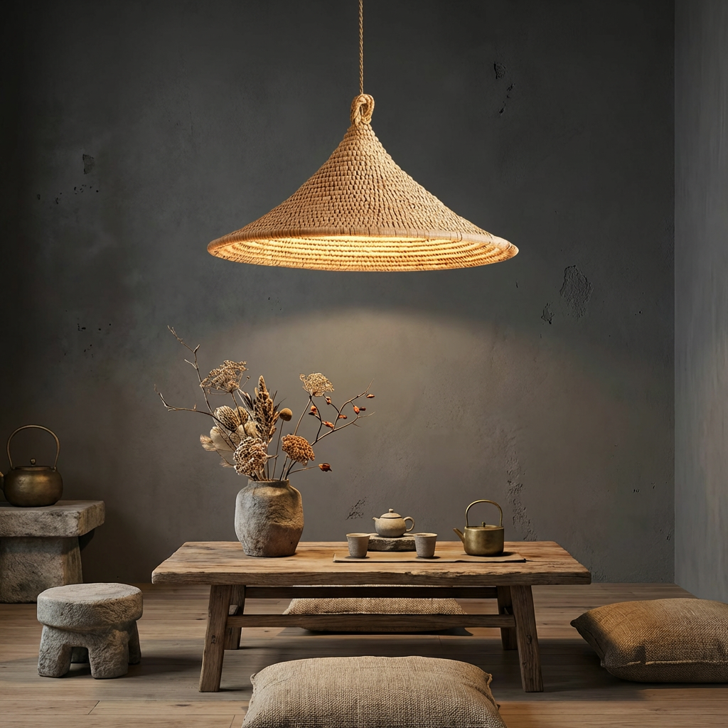 Handwoven Rattan Conical Pendant Light Wabi-sabi Natural Home Ceiling Lamp