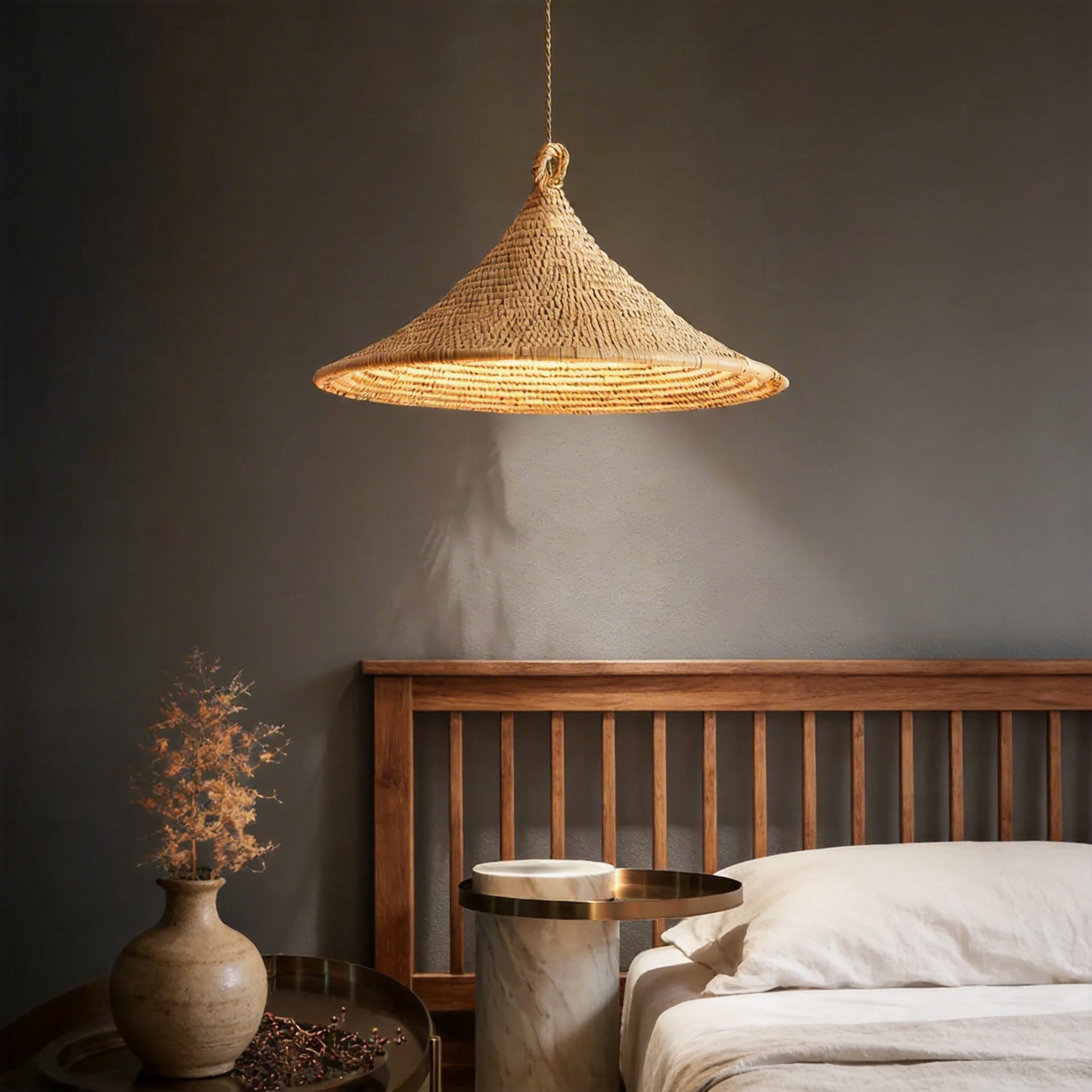Handwoven Rattan Conical Pendant Light Wabi-sabi Natural Home Ceiling Lamp
