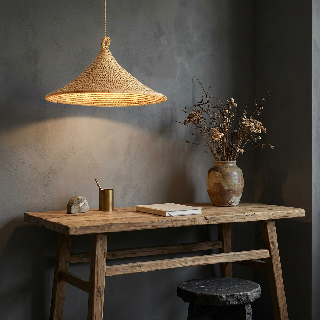 Handwoven Rattan Conical Pendant Light Wabi-sabi Natural Home Ceiling Lamp