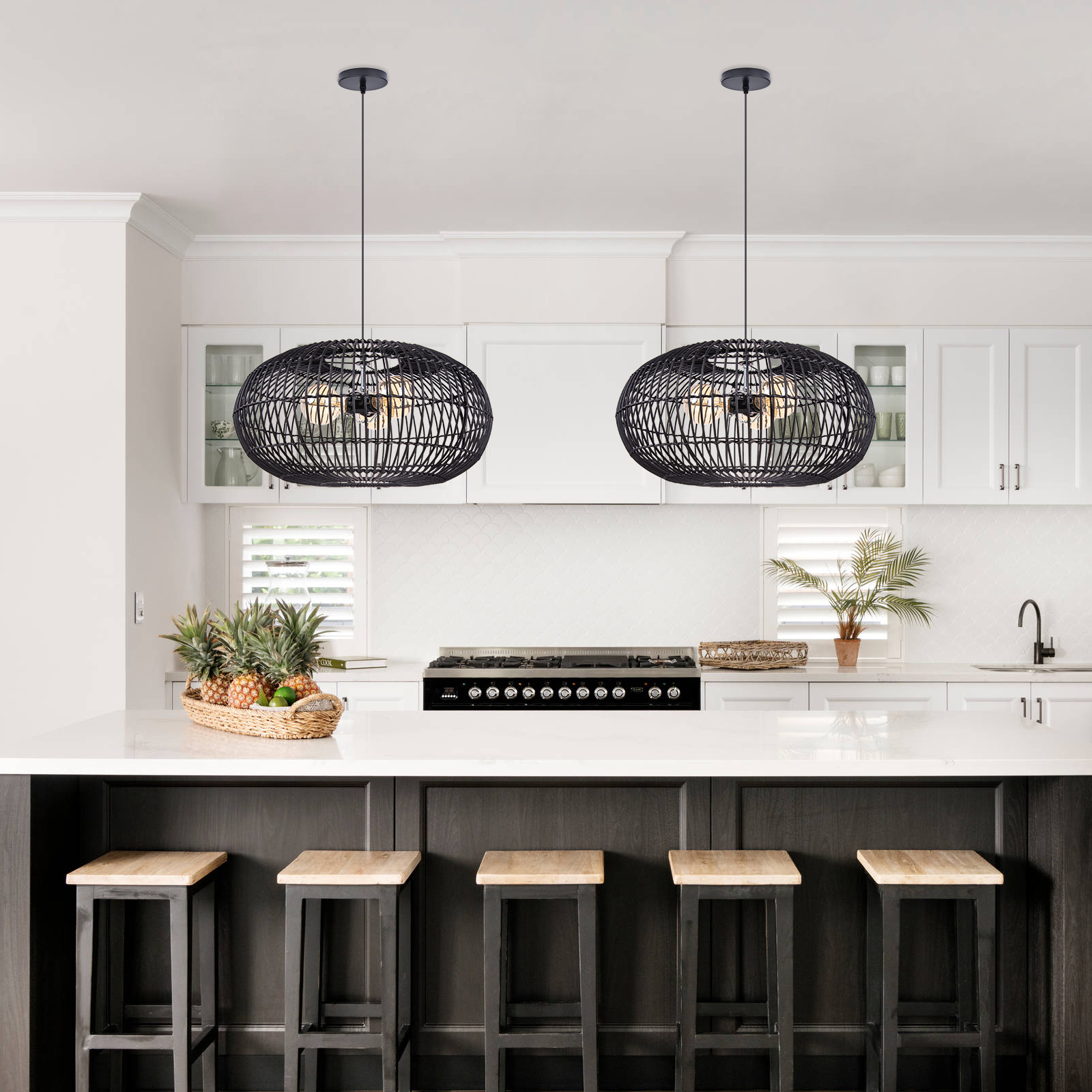 3 Bulbs Hanging Chandelier Medieval Style Dining Room Rattan Pendant Light